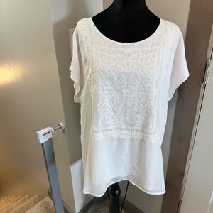 Chicos White Embroidered Geometric Irish‎ Lined Cap Sleeve Blouse Scoop Neck XL